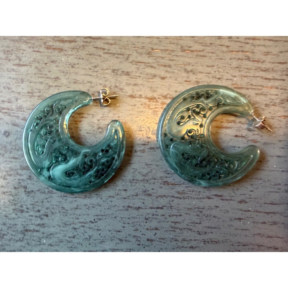 Vintage Green Carved Resin Crescent Earrings Marbled Jade Style Scroll Design